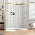 Sunrosa Frameless Double Sliding Shower Door 56 1/8"-60" W x 76" H, 5/16" (8mm) Thick Easy-Clean Tempered Glass, Adjustable Shower Door with Soft-Close System, Brushed Gold Finish