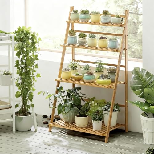 yxcen-home 天然竹製フラワースタンド 折りたたみ可能 3色から選べる プランタースタンド 植物棚 花棚 ガーデンラック 園芸ラック 多機能収納 室内屋外 観葉植物 鉢植え 組立簡単 ナチュラル/4段70*47*122cm