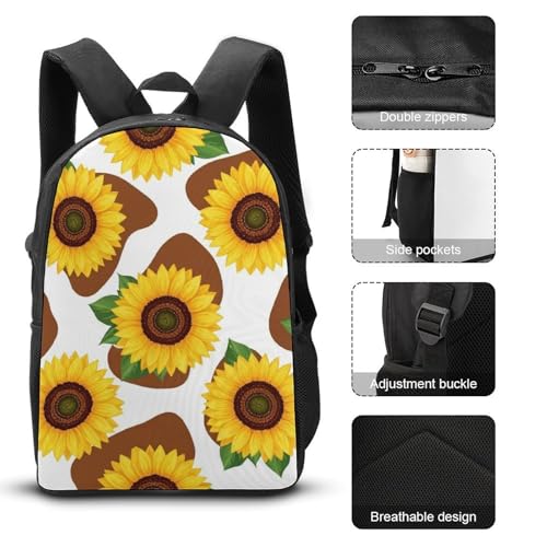 3 Pcs Backpack Set Travel Backpack Casual 17 Inch Daypack Cow Print Sunflower College Bookbag with Insulated Lunch Bag and Pencil Pouch3