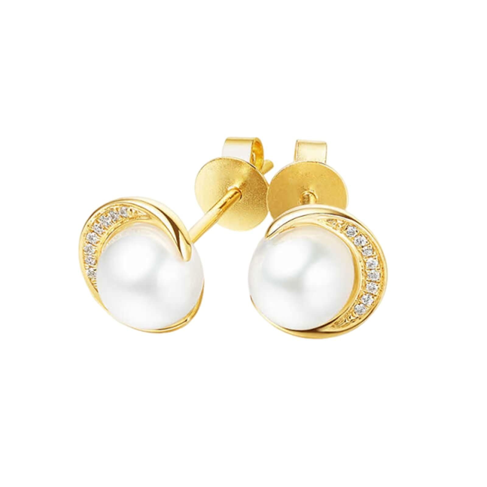 Damen 9K / 14K / 18 Karat Gold Ohrringe, Mond und 5,5-6MM Perle mit Diamant 0,02 Karat, Damen Ohrringe Gold Hochzeit