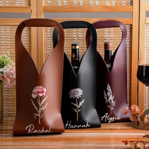 callie Personalized Birth Flower Wine Tote Bags, Custom Leather 1 Bottle Wine Carrier Gifts Bag for Travel, Picnic, Birthday, Wedding, Wine Gifts for Women2