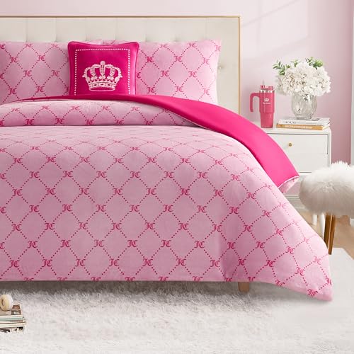 Image of Juicy Couture Plush Reversible Trellis Link 3-Piece Twin /Twin XL Comforter Set with Decorative Pillow, Pink