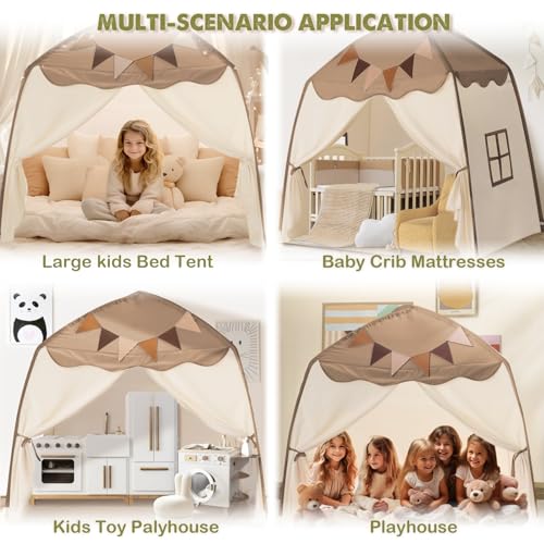 Little Dove Extra Large Kids Play Tent with Flags & Star Lights, Portable & Foldable Teepee, Bed Canopy for Boys & Girls, Indoor Outdoor JoyHut Dome Tent Playhouse, Birthday Gift, 59x39x59in, Brown by little dove - Image 3