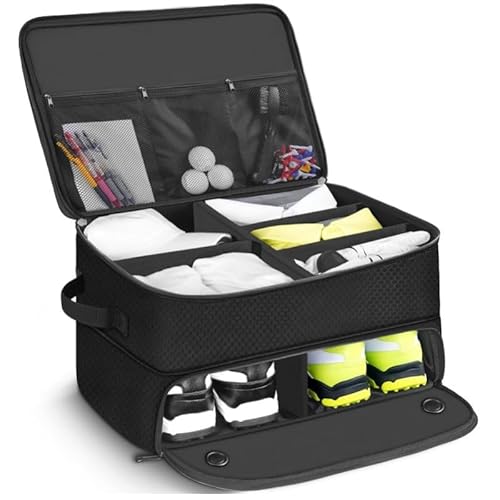 2 Layer Golf Trunk Organizer,Golf Travel Bag with 2 Shoe Ventilated Compartment, Folding Storage Box for car,Multi-Pocket Storage,Waterproof Car Trunk Locker for Balls, Tees, Clothes