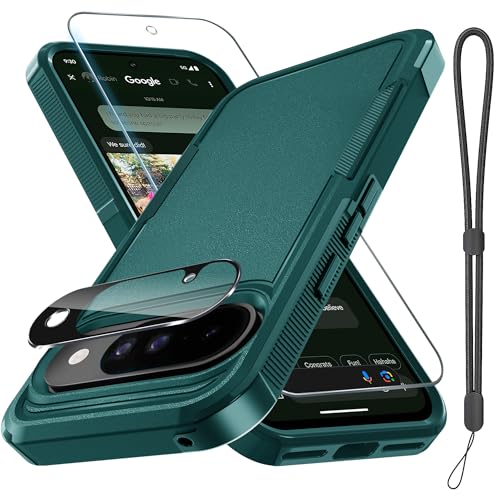 for Google Pixel 10 & Pixel10 Pro Case with Wrist Lanyard Strap+Tempered Glass Screen Protector+Camera Lens Cover,Full Body Heavy Duty Rugged Shockproof Protective Phone Cover,Dark Green