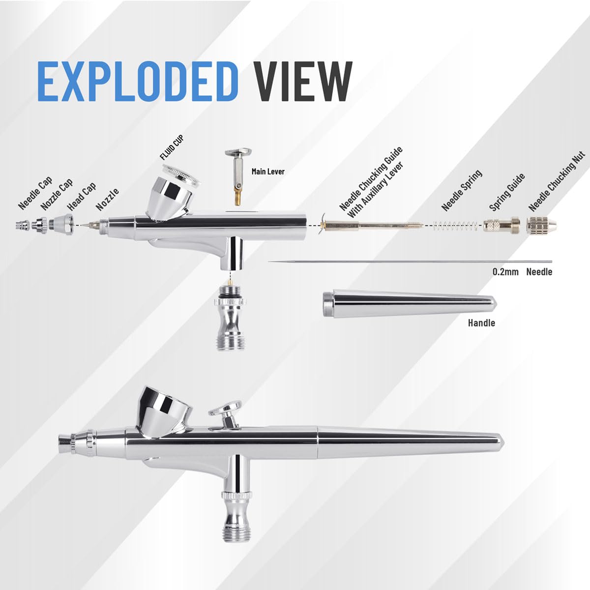 Fengda Profi Airbrush Set mit Intelligentem Kompressor FD-207K, 0,2 mm Düse, Ölfreier Minikompressor, Luftschlauch, für Tätowierungen, Modelle, Kuchendekoration, Automobilgrafiken