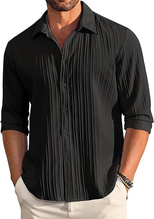 Image of Men's Casual Button Down Linen - Long Sleeve Textured Summer Beach Shirt - Men's Fashionable Lightweight Breathable Stylish Fancy for Vacation