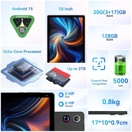 Image of ZOFYWNAS Tablet, Android 15 Tablet 10 Inch with 8-Core Processor, 20GB RAM 128GB ROM 2 TB Expandable, 5000mAh Battery, Dual Camera, Face Unlock, Slim Lightweight, Black