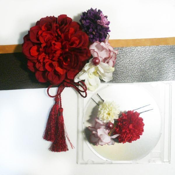 髪飾り 成人式 卒業式 結婚式 花 ダリアreとデルフィ菊房付 赤白紫ピンク 振袖 袴 浴衣 和装 着物 アートフラワー