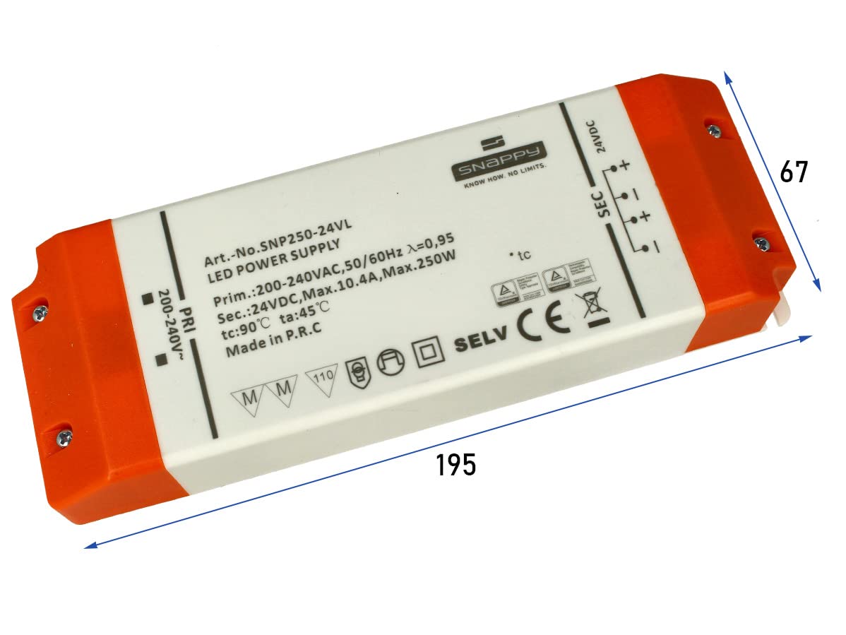 Transformador Slim de 24 V, fuente de alimentación delgada DC24 V, diseño plano, ideal para tira de LED de 24 V, instalación en el mueble (250 W, 10,4 A, 195 x 67 x 31 mm)