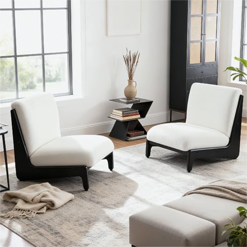 Image of Set of 2 Moda Accent Chairs with Solid Wood Frame, White Cushion - Modern Ergonomic Design for Living Room