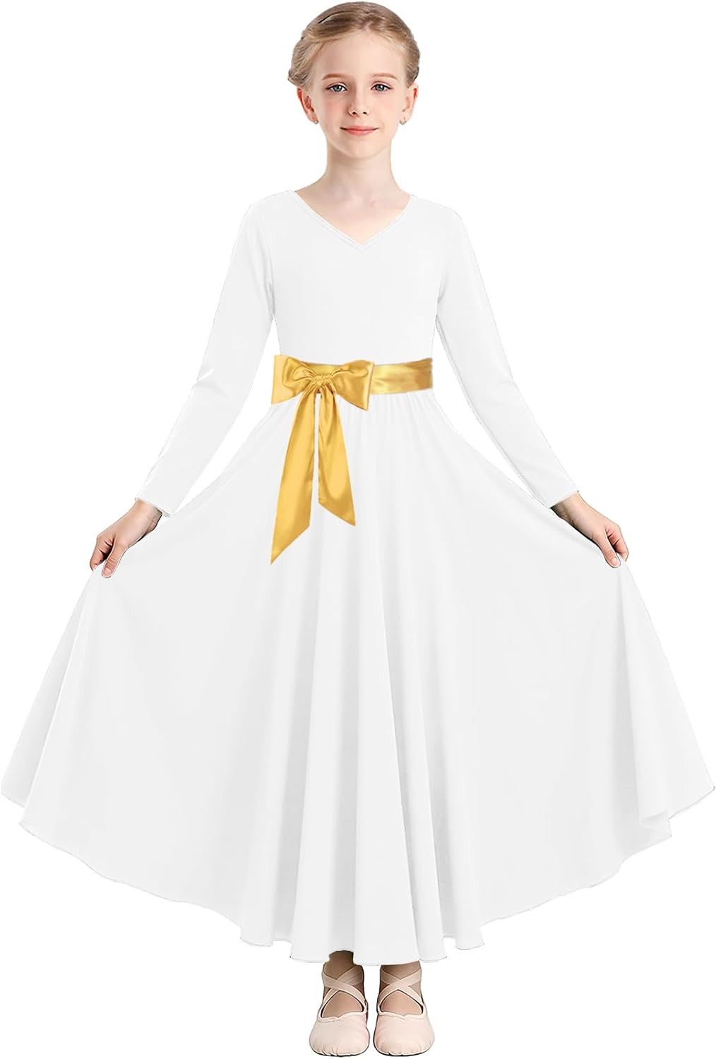 Girls Long Sleeve Praise Dance Dress V-Neck Liturgical Worship Dance Costumes Swing Lyrical Dancewear