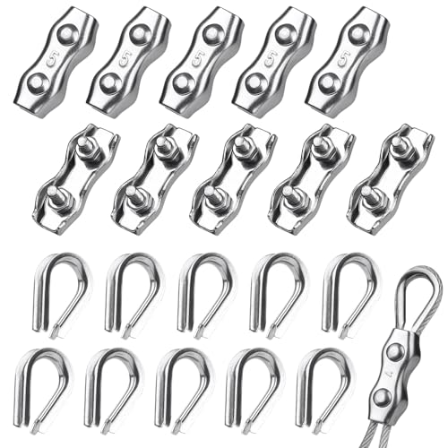 Nadisean 10 Pièces Serre Cable Acier 5mm + 10 Pièces Câbles Cosses, Serre Cable Inox, Serre-Câbles Duplex, Pinces De Câble Métalliqu en Acier Inoxydable...