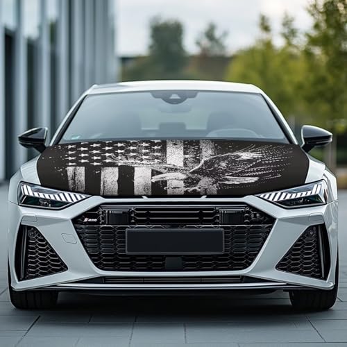 Image of Renewold Car Hood Cover, Black Eagle American Flag, Party Holiday Camping Covers for Cars, Vehicle Hood Wrap Blanket, Women Men Automotive Exterior Accessories, for Outdoor Indoor
