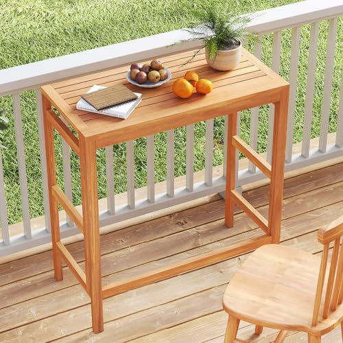 Image of Tangkula Acacia Wood Outdoor Folding Bar Table, Patio Rectangle Counter Height Pub Table with Slatted Tabletop, for Balcony, Backyard Garden and Poolside