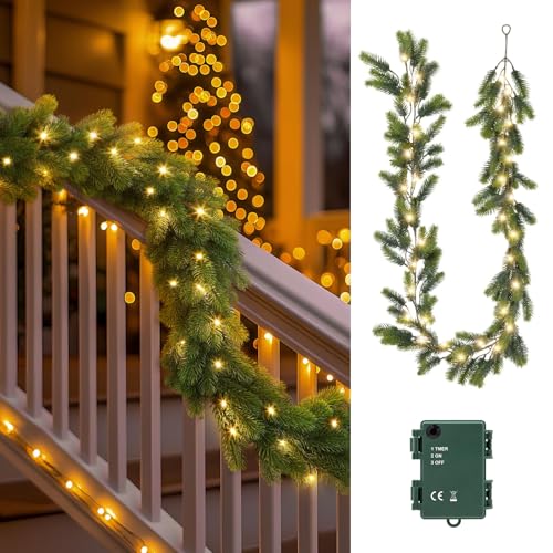 Auting Weihnachten Girlande mit Beleuchtung,1 Stück 40LEDS 1.95M Warmweiß Girlande Tannengrün Weihnachten Deko Batteriebetriebene mit Timer,Weihnachtsdeko Tannengirlande Lichterkette für Innen aussen