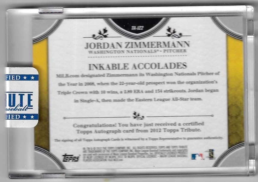 Jordan Zimmermann Autographed & Serial Numbered #94/99 Inkable Accolades Auto Collectible Baseball Card - 2012 Topps Tribute Collection Baseball Card #TA-JZ (Nationals)