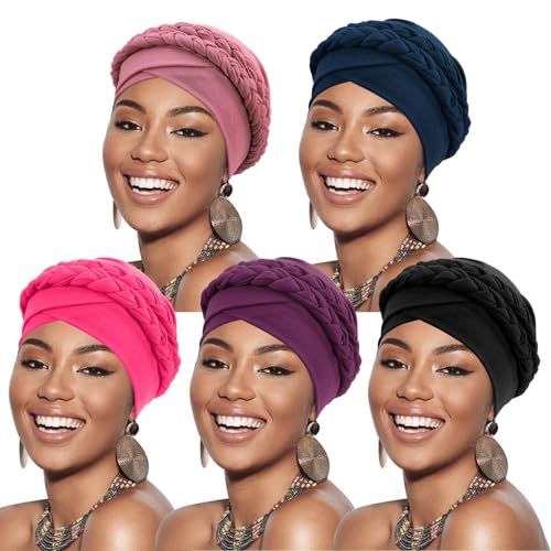 Image of DRESHOW African Women Turban Caps Beanie Twist Headscarf Pre-Tied Double Twisted Braids Headwraps for Women Chemo Cancer Cap