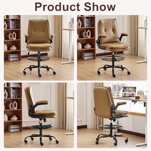 Image of Karl home Tall Drafting Chair, Faux Leather Khaki | 330Lbs Capacity, Tall Office Chair for Standing Desk, Adjustable Height with Foot Ring, Flip-Up Armrests, PU Executive Chair