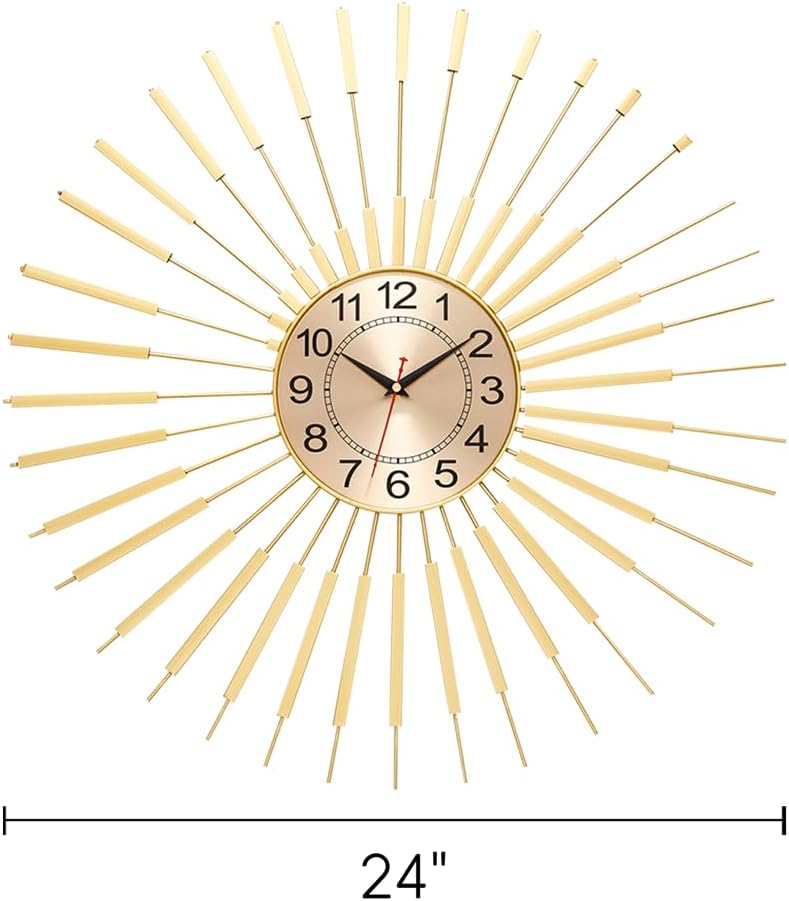 24 Inch Gold Starburst Wall Clock, Silent Non-Ticking Metal Wall Clocks Battery Operated, Mid Century Boho Farmhouse Modern Art Decor Large Wall Clock for Living Room Bedroom Office