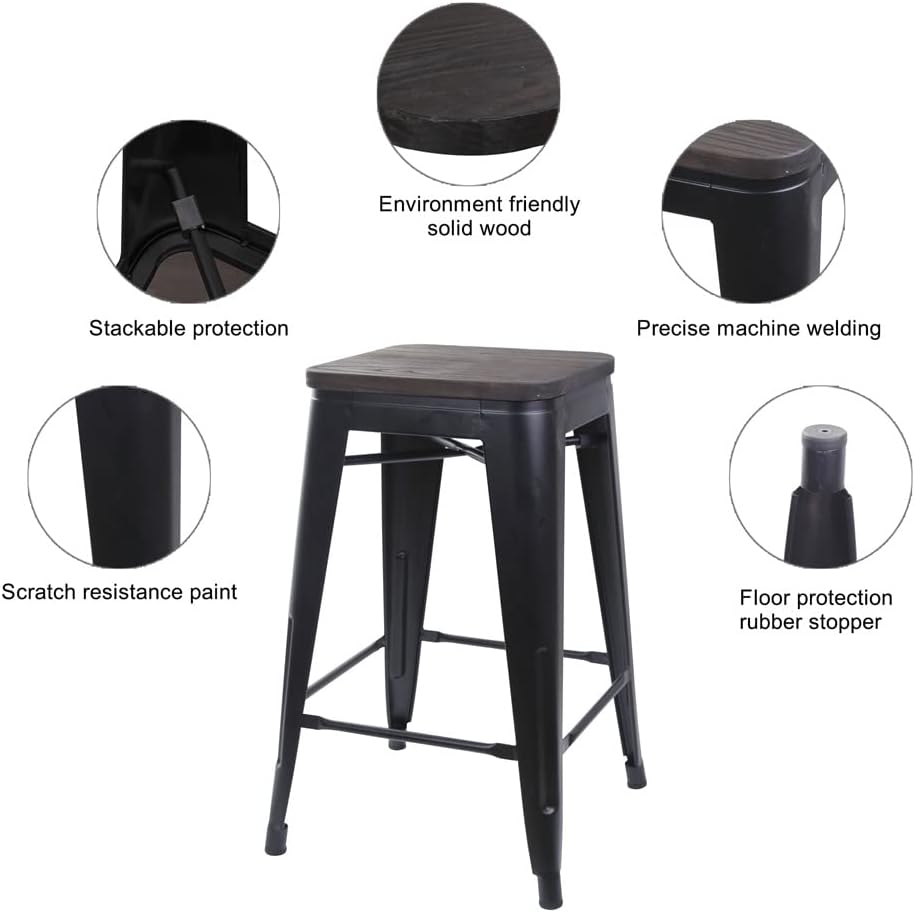 GIA 24-Inch Backless Counter Stool, Qty of 2, Matte Black with Dark-Wood Seat