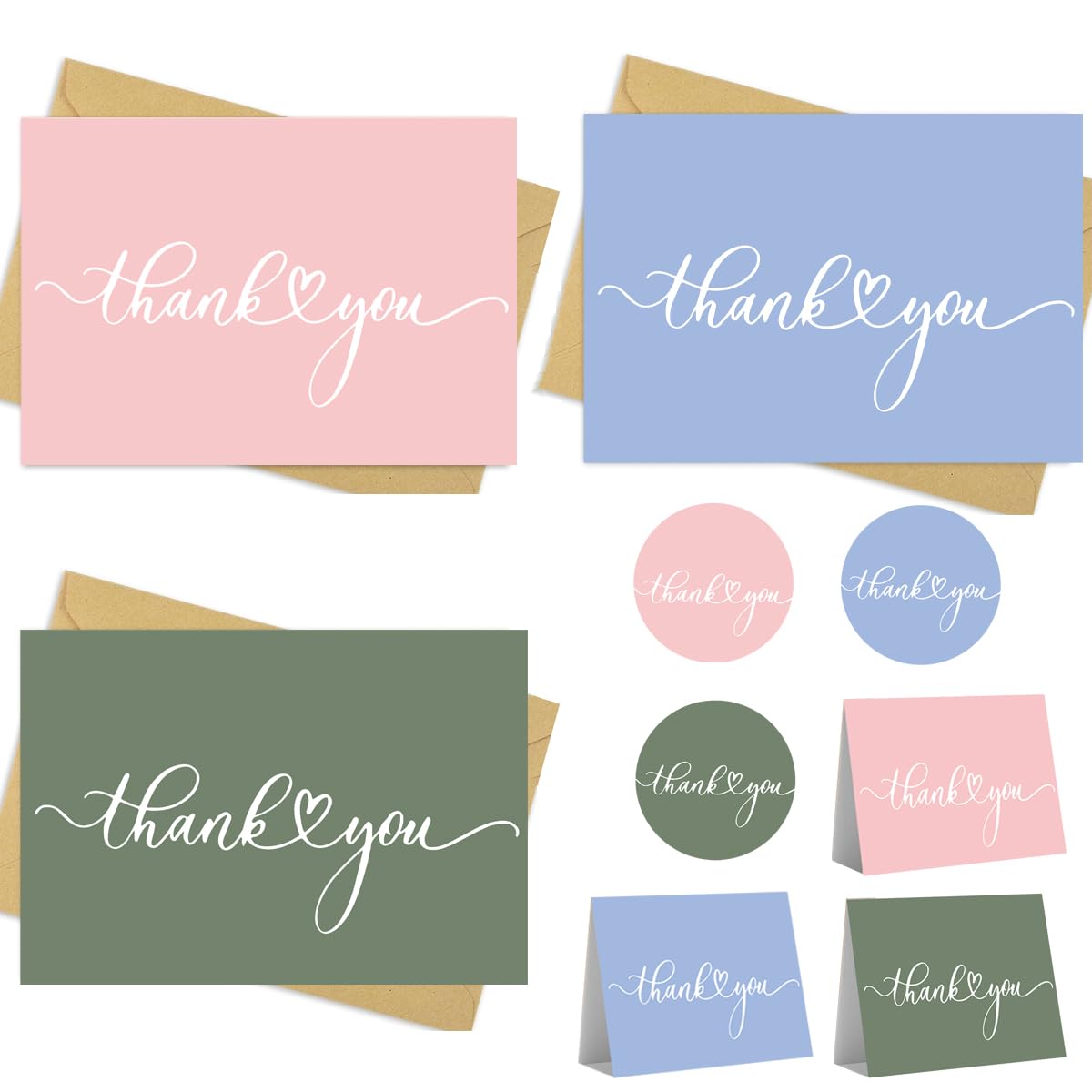 30Pack 350GSM | Thank You Cards with Envelopes & Seal Stickers,Blank Thank You Notes for Wedding,Baby Shower,Bridal Shower,Business,Teacher Appreciation Gifts 3.5x5in (Assorted Pink+Blue+Green)