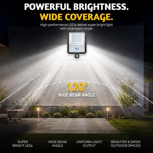 Image of Forus 100W LED Flood Light Daylight White with Motion Sensor Auto On Off Day Night Mode Waterproof Outdoor Security Light for Garden Parking Garage Factory Shop High Bright Floodlight 4Yr Warranty-1Pc