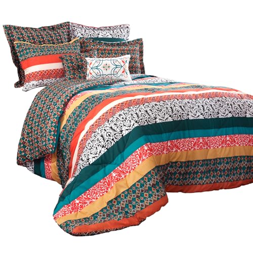 Comforter Set King Lush Decor 7 Piece Boho Stripe parure lit turquoise orange