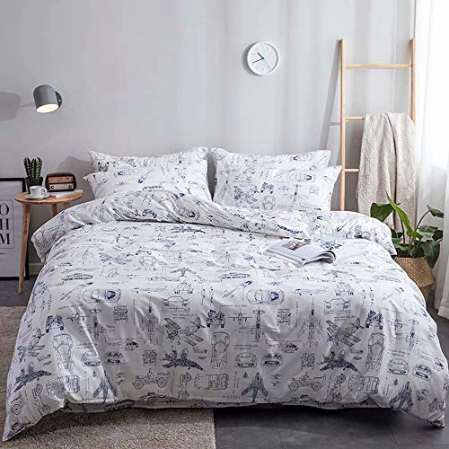 Houseri White And Blue Comforter Set Queen For Teen Boys Full Size Comforter Set Kids Helicopter Aircraft Comforter Bedding Sets Queen Truck Tank Cars Comforter Vehicle Cartoon Bedding 3 Piece #TOP4