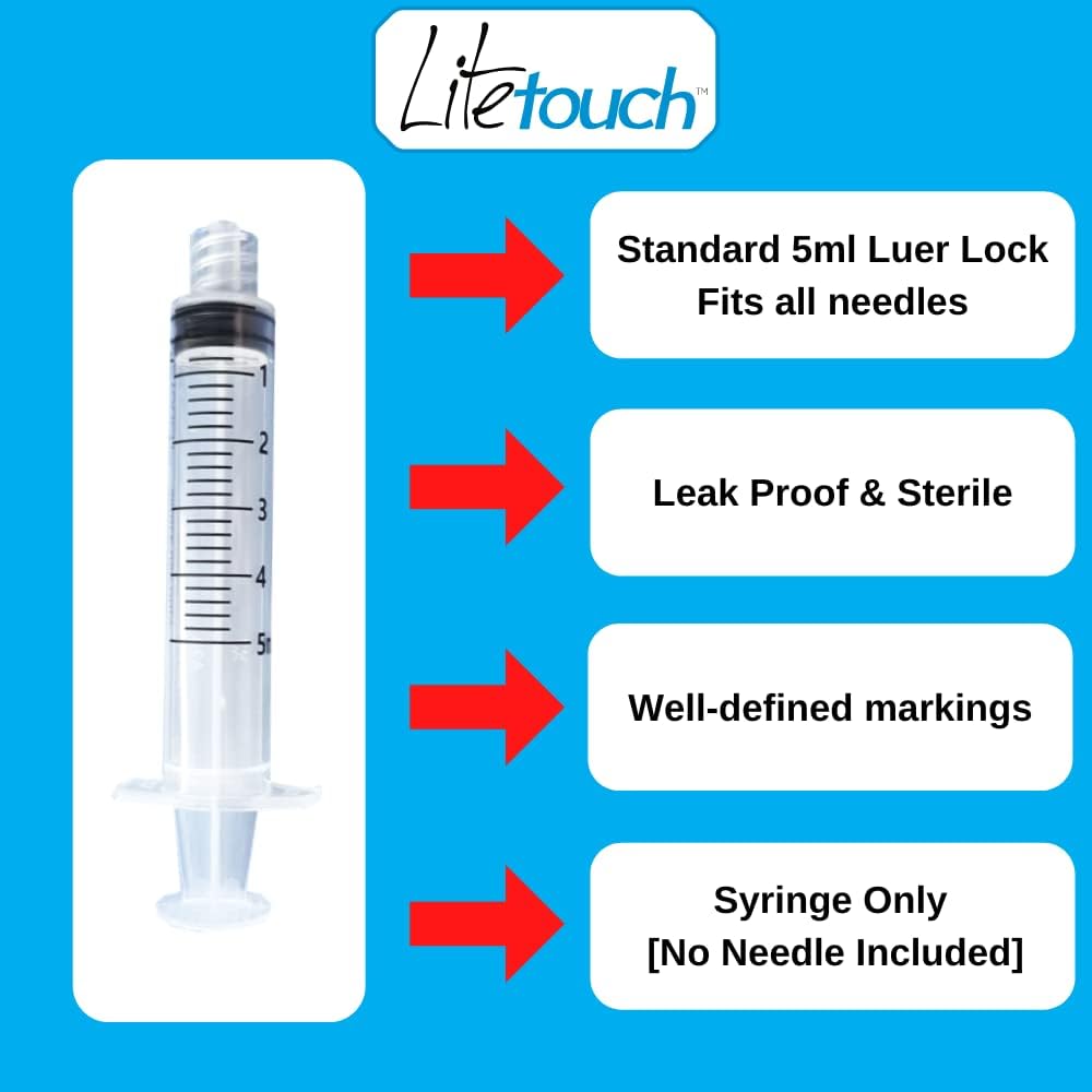 LiteTouch 5mL Luer Lock Syringe, Sterile, Individually Sealed - 100 Syringes per Box (no needle)