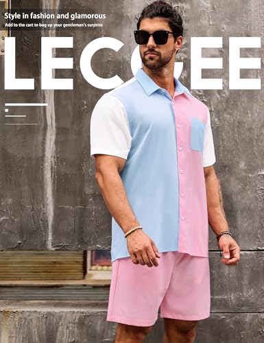LecGee Men Summer Casual Short Sets Contrast Short Sleeve Button Down Shirt and Shorts Set 2 Piece Outfits Tracksuit2