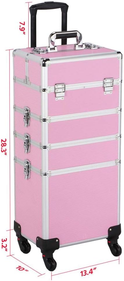 Topeakmart 4 in 1 Professional Makeup Rolling Case, Large Aluminum Cosmetic Train Case, Makeup Tavel Case Travel Beauty Organizer - Pink - with Removeable Wheels : Beauty & Personal Care