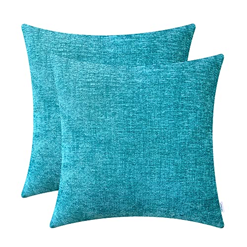 Image of CaliTime Pack of 2 Cozy Throw Pillow Covers Cases for Couch Sofa Home Decoration Solid Dyed Soft Chenille 12 X 12 Inches Lake Blue