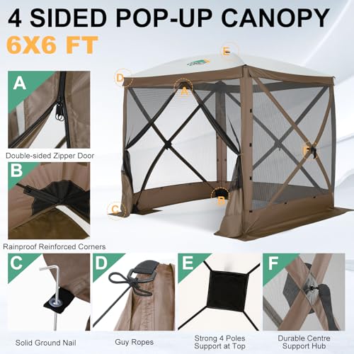 Image of COBIZI 6x6 FT Pop up Gazebo, Popup Canopy Tent, Screened in Gazebos with sidewalls, Waterproof Portable Outdoor Small Screen Tents Sun Shelter,carpas para Patio for Camping, Garden and Backyard,Brown