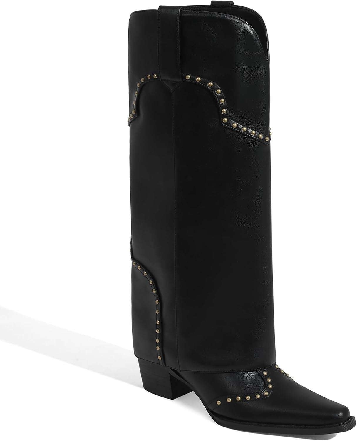 AOSPHIRAYLIAN Shark Boots for Women Fold Over Knee High Snip Toe Cowboy Boots Chunky Heel Studded Pull On Classic Fashion Party Dress Cowgirl Boot