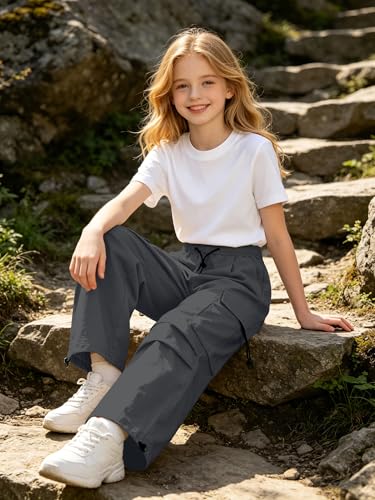 Image of SANGTREE Girls Parachute Pants Loose Lightweight Drawstring Waist Hip Hop Cargo Pants,6-16 Years
