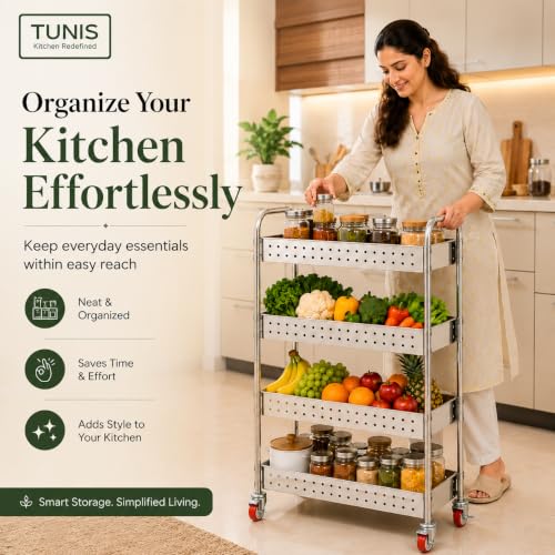 Image of TUNIS 4 Tier 202 Premium Stainless Steel Kitchen Storage Trolley with 360 Rotating Wheels | Multipurpose Vegetable & Fruit Rack Organizer | Movable Storage Cart for Kitchen, Pantry & Home