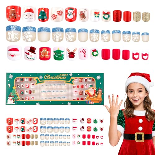Kawyehu Kids Press on Nails Christmas Nails for Girls Fake Nails 72PCS Nail Tips pre Glue Full Cover Short False Fingernails for Girls Kids Nail Decoration (Golden Christmas Snow)