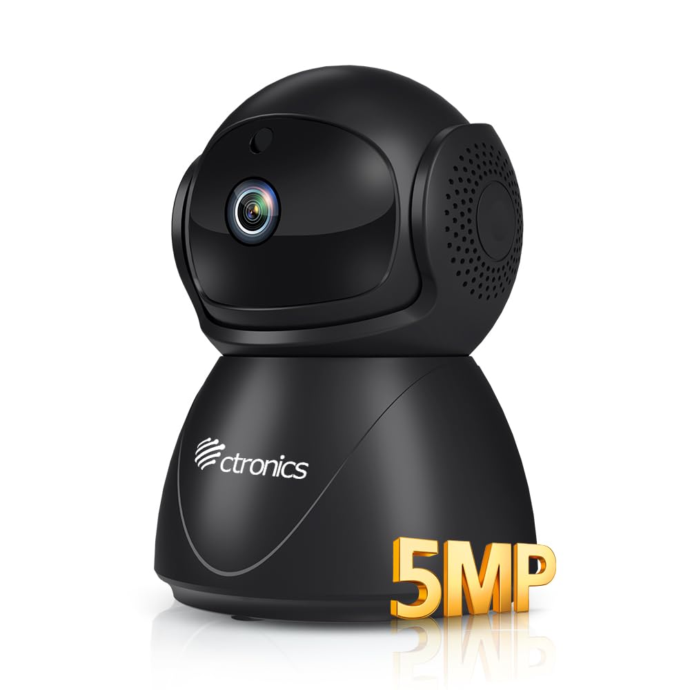 Ctronics 5MP PTZ Telecamera Wifi Interno Videocamera Interno con Pan 355°/Tilt 90° Rilevamento Umano/Movimento Auto Tracking Visione Notturna IR Audio Bidirezionale per Bambino/Animale Nero | Pan 355°/Tilt 90°, Rilevamento Umano/Movimento, Auto Tracking,