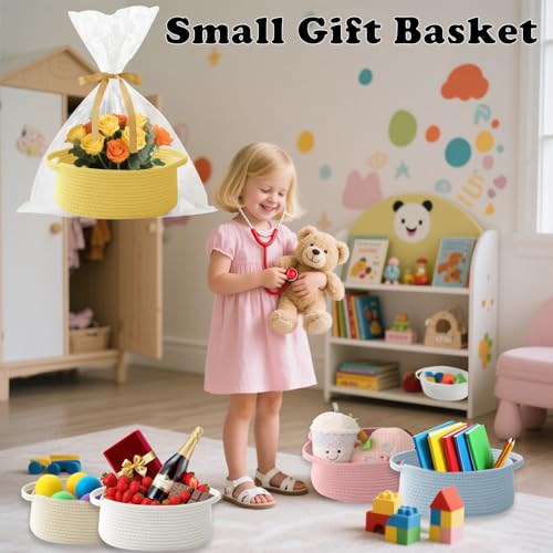 Image of Woven Rope Basket - Baby Gift Basket with Bag & Ribbon, Yellow