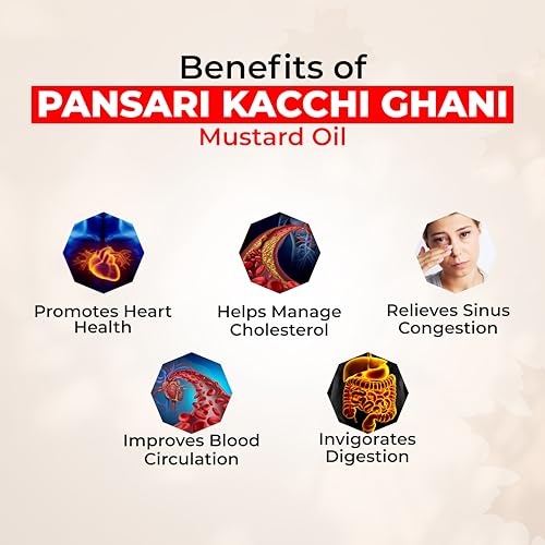 Image of Pansari Kacchi Ghani Mustard Oil 900ml | Cold Pressed & Naturally Extracted | Fortified with Vitamin A & D | Rich in Omega 3 & 6 | Ideal for Cooking, Skin & Hair Care (900-ML) (Pack of 2)