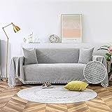 Plaid Textured Chenille Sofa Covers Universal Couch Cover for Dogs Cats Living Room Furniture Protector Sofa Covers for 3 Cushion Couch Sectional Couch Covers with Tassel (XX-Large, Light Grey)