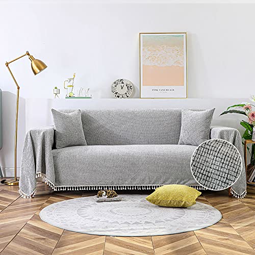 Plaid Textured Chenille Sofa Covers Universal Couch Cover For Dogs Cats Living Room Furniture Protector Sofa Covers For 3 Cushion Couch Sectional Couch Covers With Tassel (Xx-Large, Light Grey) #TOP6