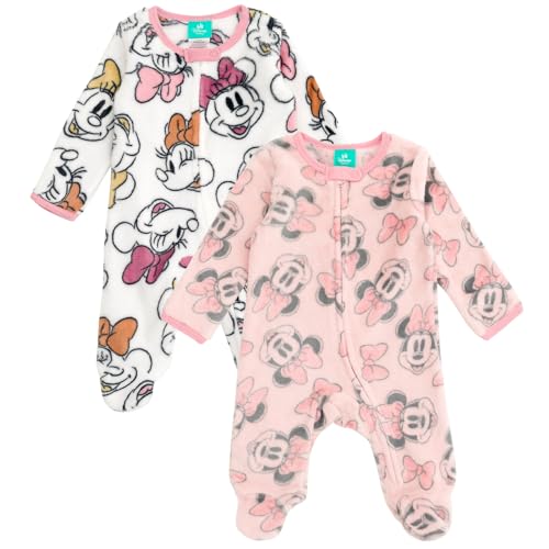 Image of Disney Minnie Mouse Baby Girls Fleece 2 Pack Woobie Coveralls Newborn to Infant Sizes (Newborn - 24 Months)