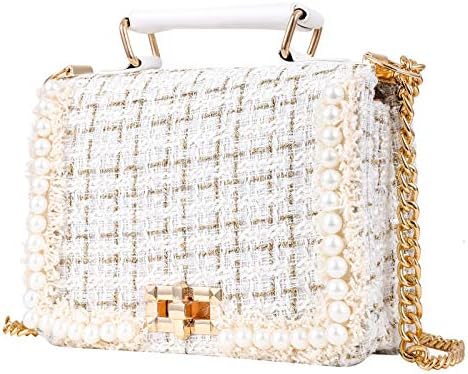 AyTotoro Women Tweed Pearl Purses and Handbags Ladies Fashion Top Handle Chain Quilted Satchel Shoulder Crossbody Tote Bag (White-1)