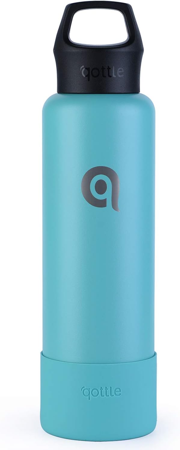 qottle 24 oz Insulated Water Bottle - Double Wall Vacuum Metal Stainless Steel Water Bottle with BPA Free Upgraded Cap, Large Travel Flask for Hot Coffee or Cold Tea with Sleeve Boot, Aqua Blue