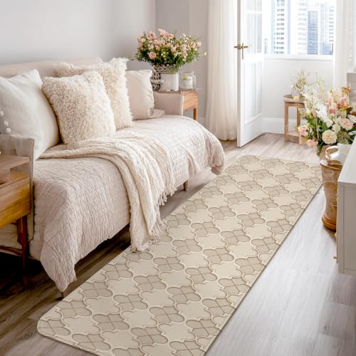 Alfombra de pasillo moderna rectangular beige con líneas curvas y borde de esponja de 2x8 2