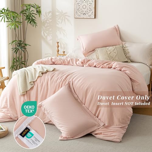 Image of MILDLY Duvet Cover 90 inchx98 inch Ultra Soft Comforter Cover Set 3pcs, Pink | Washed Microfiber Cotton-Like, Breathable Comfort, Hidden Zipper, 8 Corner Ties, OEKO-TEX Certified, Fade Resistant