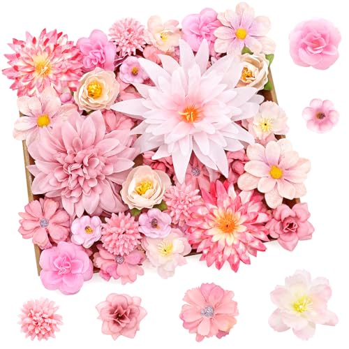 YSUVIN 50 Stück Kunstblumen zum Basteln, Rosa Künstlich Blütenköpfe, 11 Arten von Kunstblumen zum Basteln, Tortendeko Blumen, Blumen Deko für DIY Handwerk Hochzeit Party Home