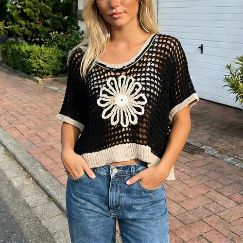 Image of Women Floral Crochet Sweater Short Sleeve Crewneck Hollow Out Lightweight Knit Pullover Tops 2025 Summer Beach Cover Ups